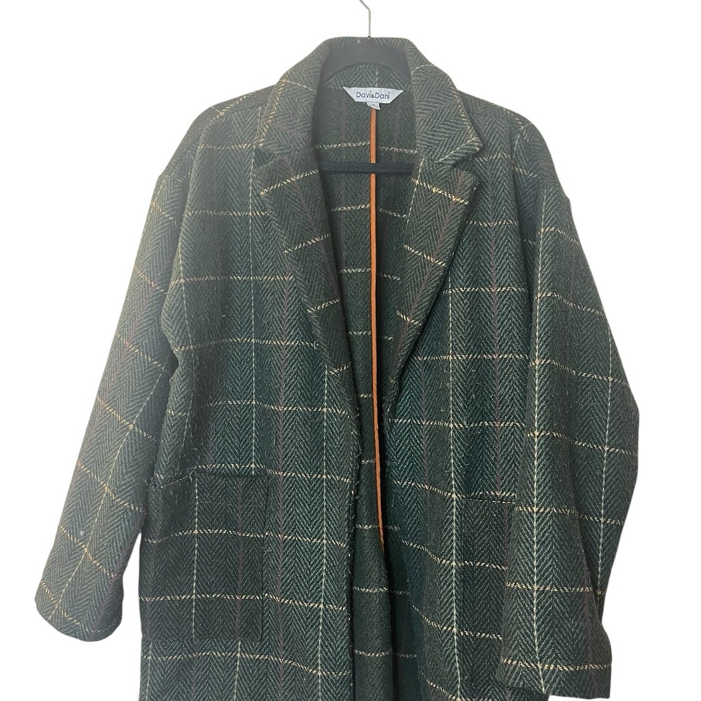 DAVI & DANI Dark Green Plaid Open-Front Wool Blend Blazer Jacket Sz M - Picture 2 of 8